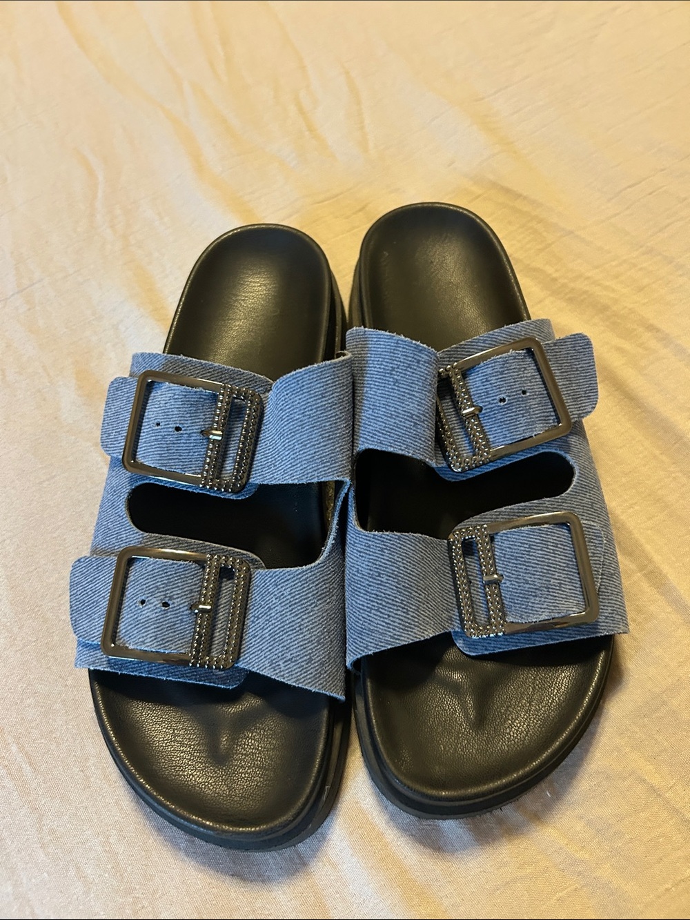 Women's Double-Buckle Slide Sandals in Denim Blue